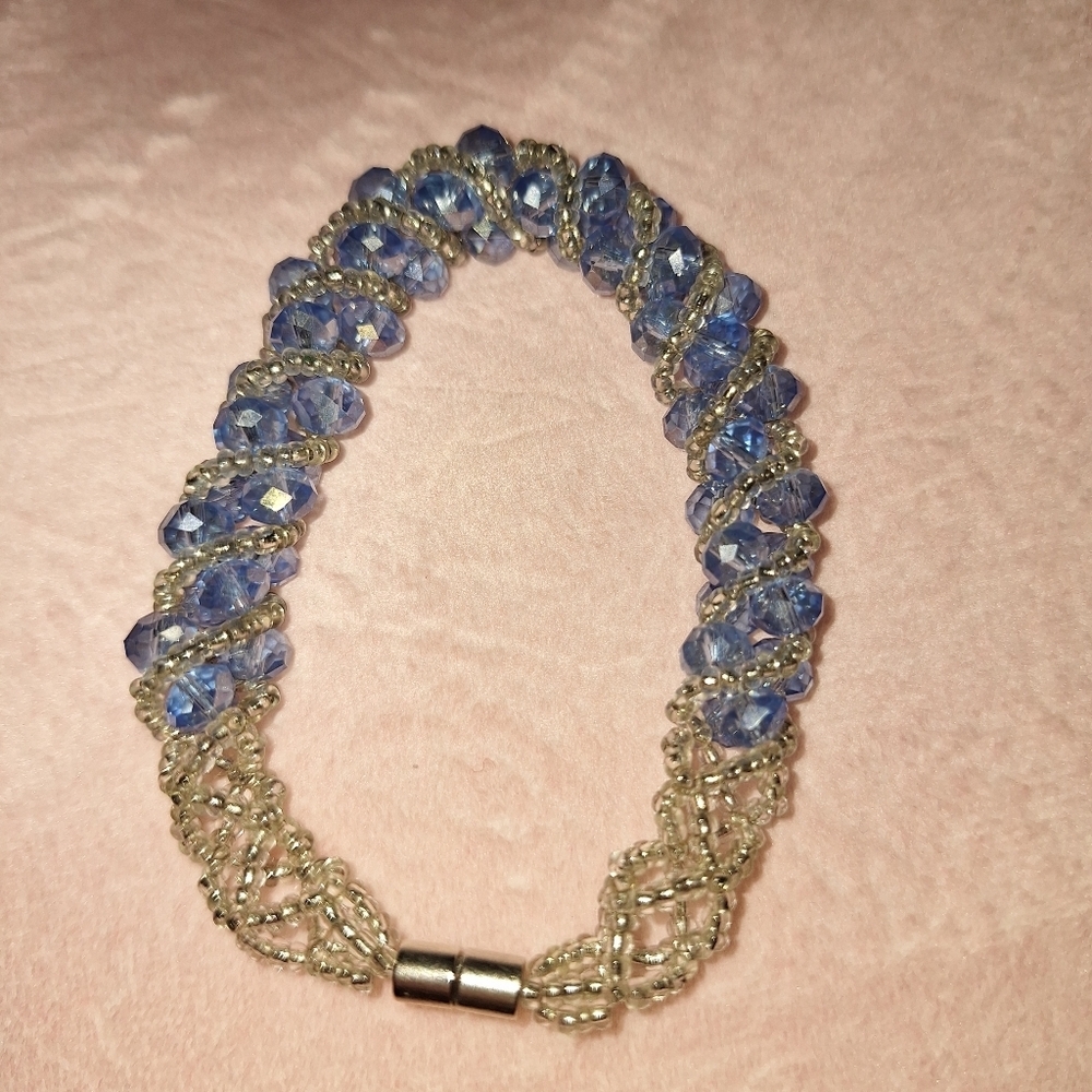 Blue Silver Beaded Bracelet Magnet Closure